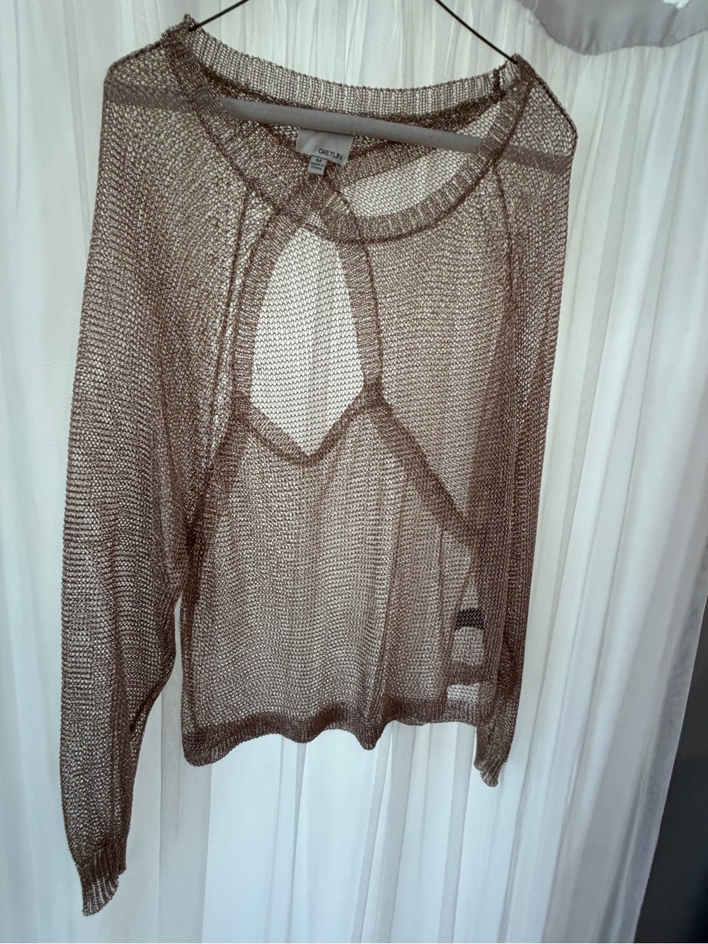 Greylin Sheer Open-Knit Brown Long Sleeve Top